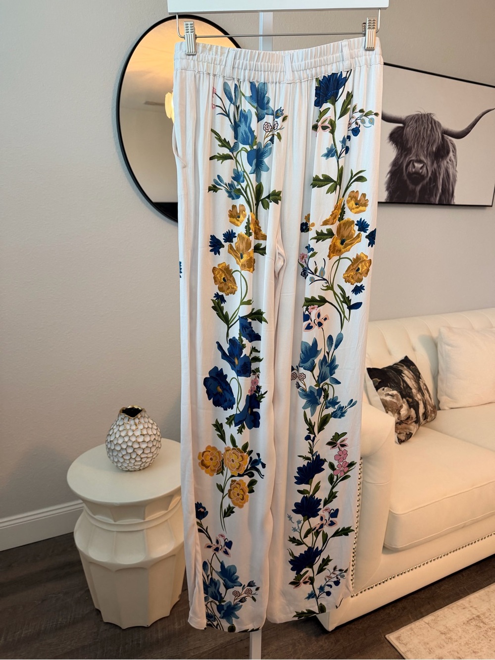 Anthropologie Cream Lounge Pants with Blue & Yellow Floral Vines